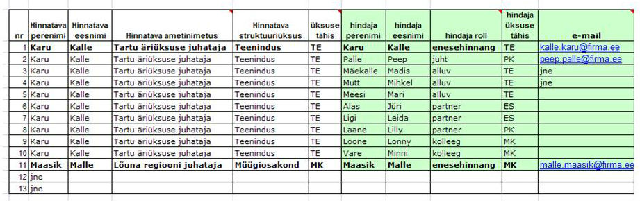 360 tagasiside hindamise hindamismaatriksi näidis