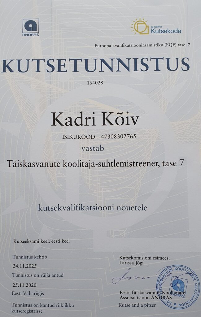 Kadri Kõiv kutsetunnistus